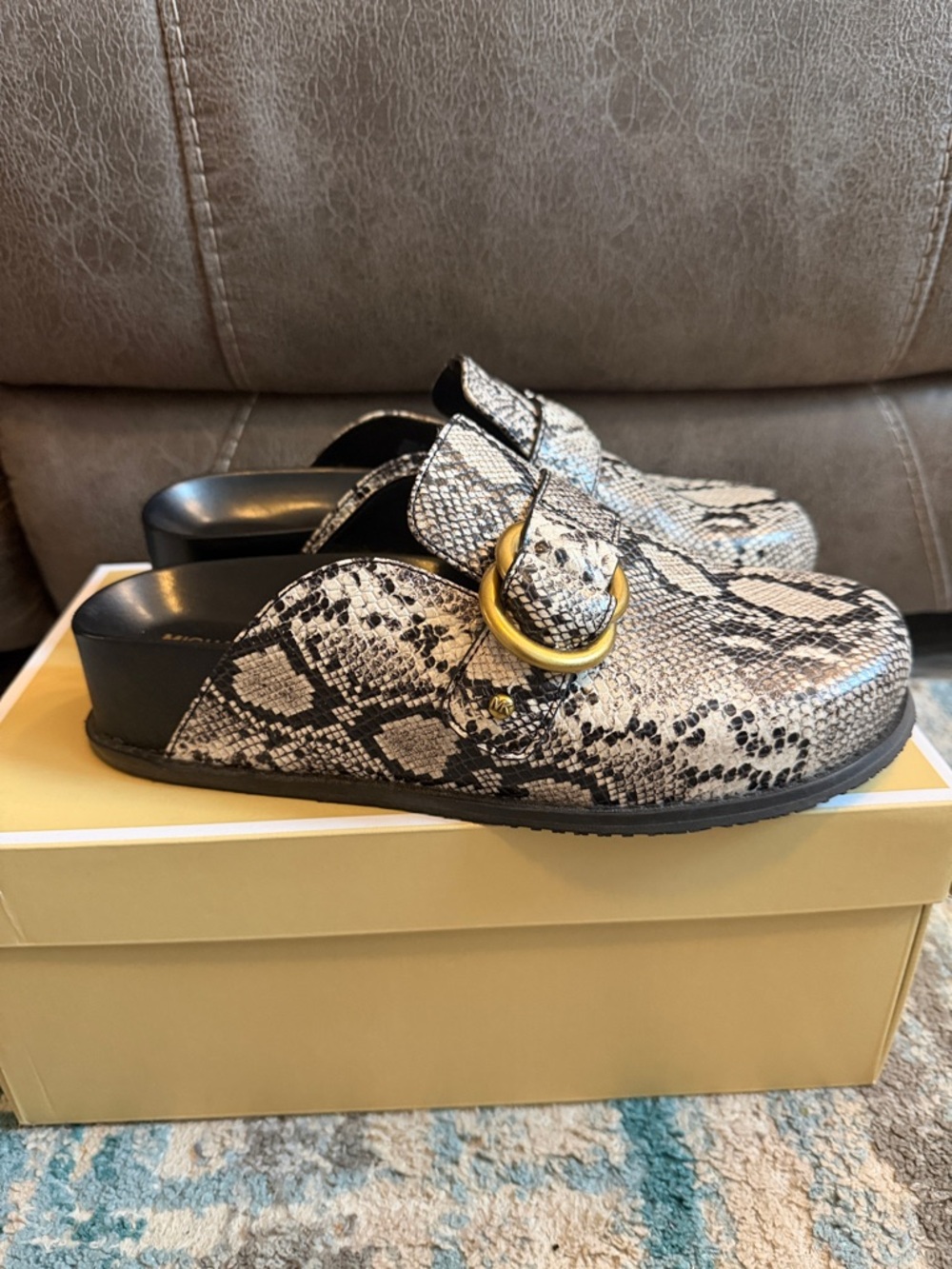 Michael Kors Jaden Clog Mules Snake Print leather with Gold Buckle - Picture 4 of 10